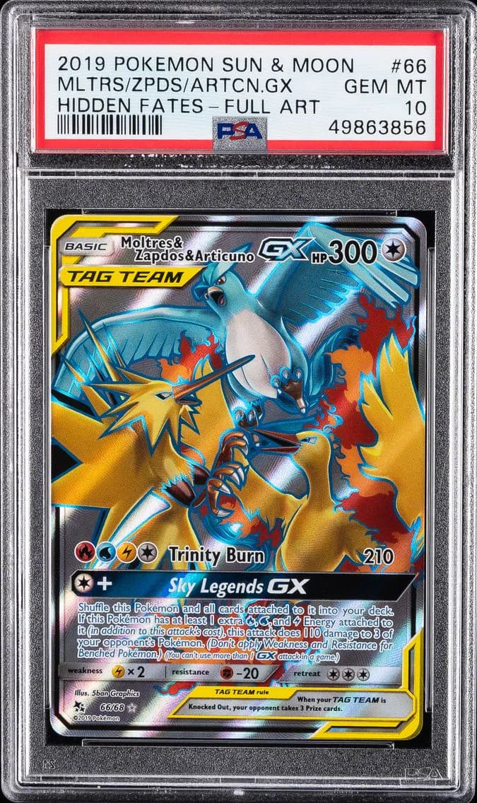 Moltres & Zapdos & Articuno GX, Sun & Moon Hidden Fates, PSA 10