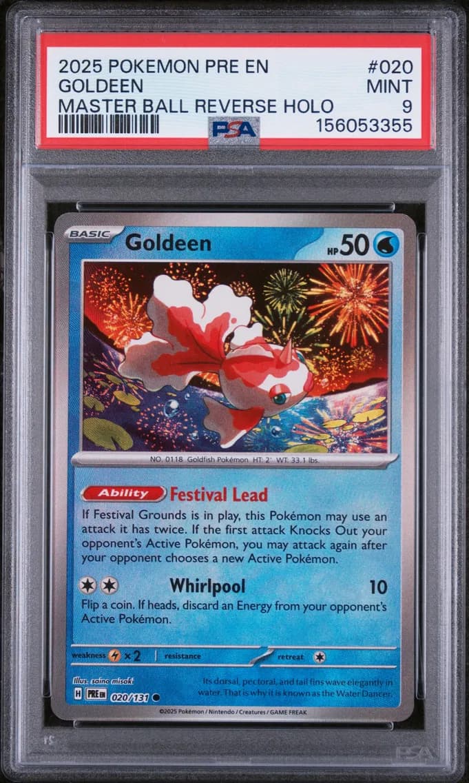 Goldeen Master Ball Reverse Holo, Prismatic Evolutions, PSA 9