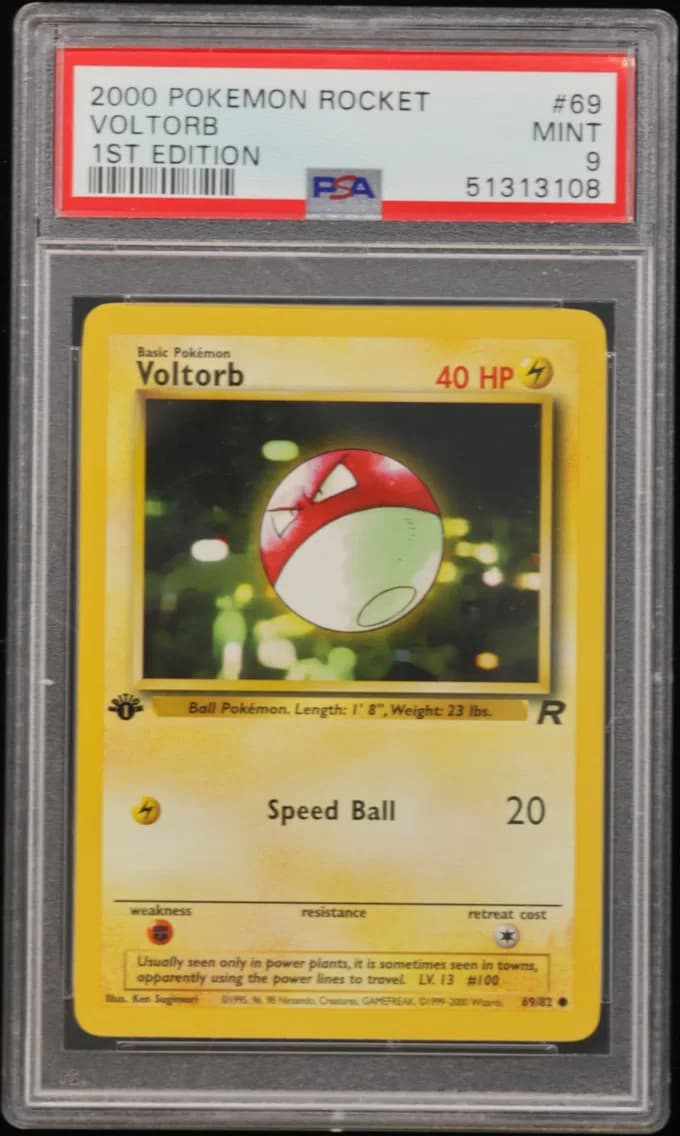 Voltorb 1st Edition, Rocket, PSA 9