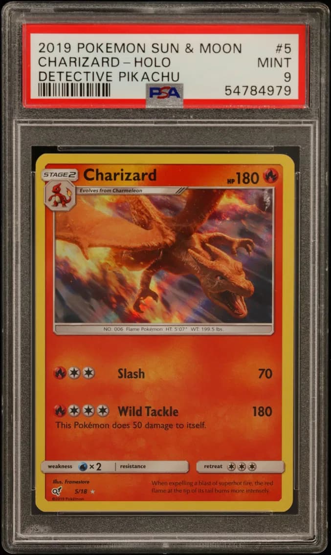 Charizard-Holo, Sun & Moon Detective Pikachu, PSA 9