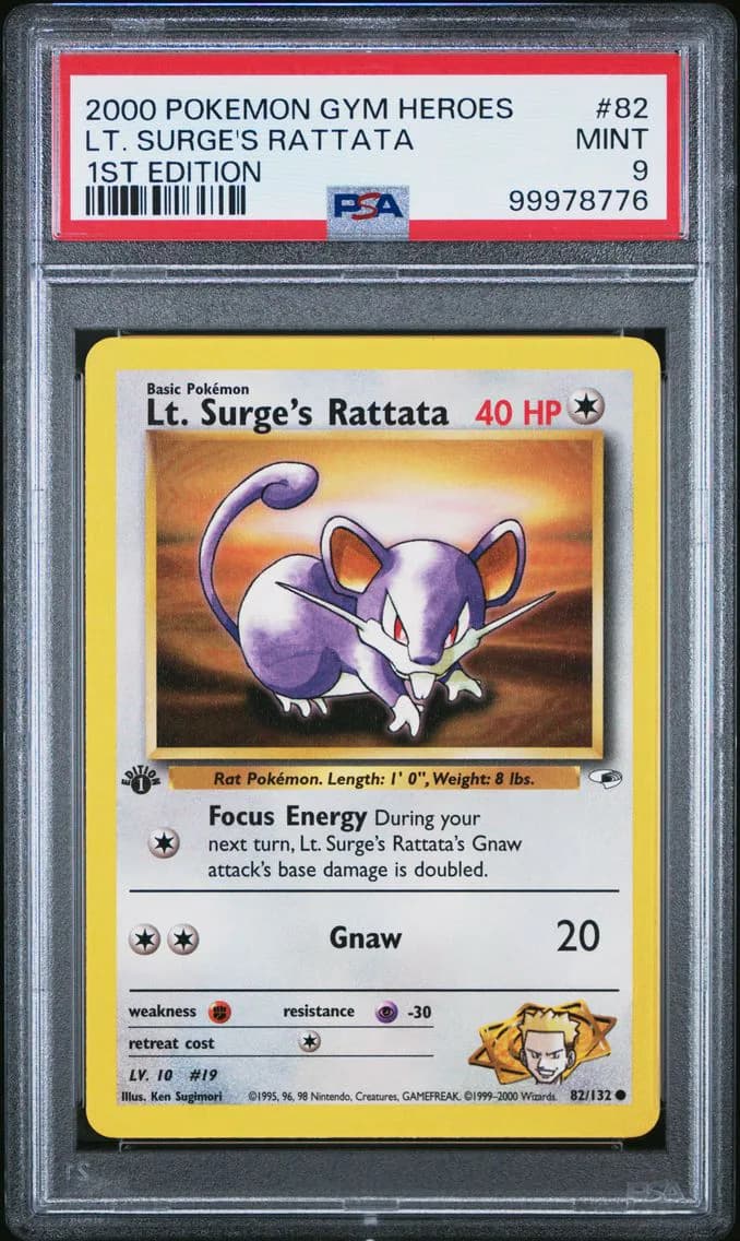 LT. Surge's Rattata 1st Edition, Gym Heroes, PSA 9