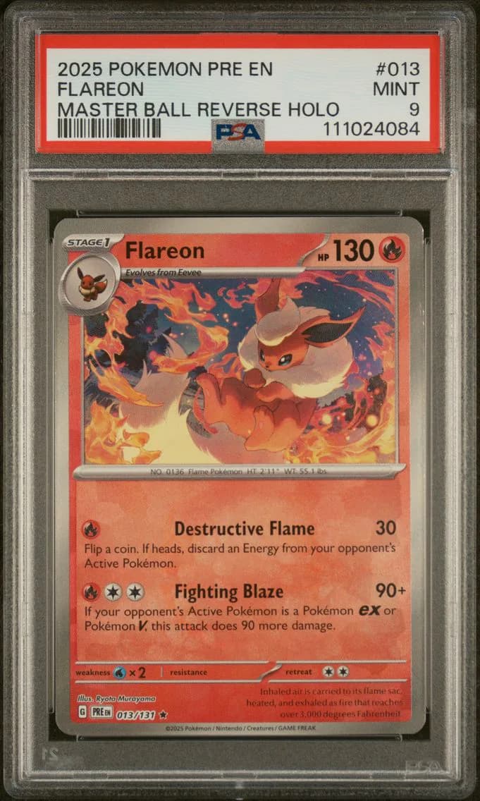Flareon Master Ball Reverse Holo, Prismatic Evolutions, PSA 9