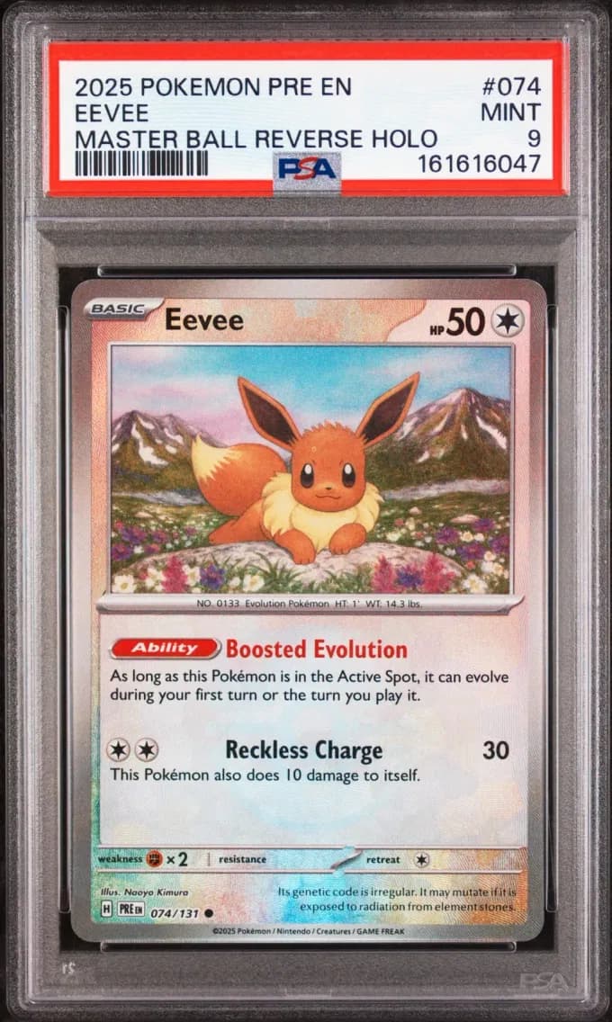 Eevee Master Ball Reverse Holo, Prismatic Evolutions, PSA 9
