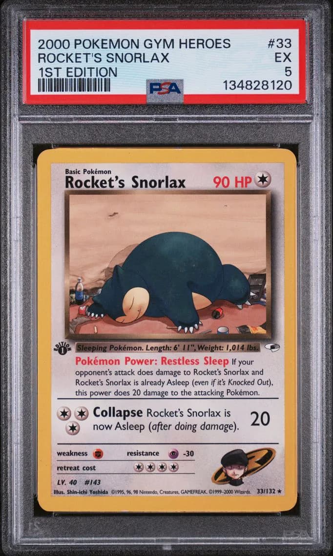 Rocket's Snorlax 1st Edition, Gym Heroes, PSA 5