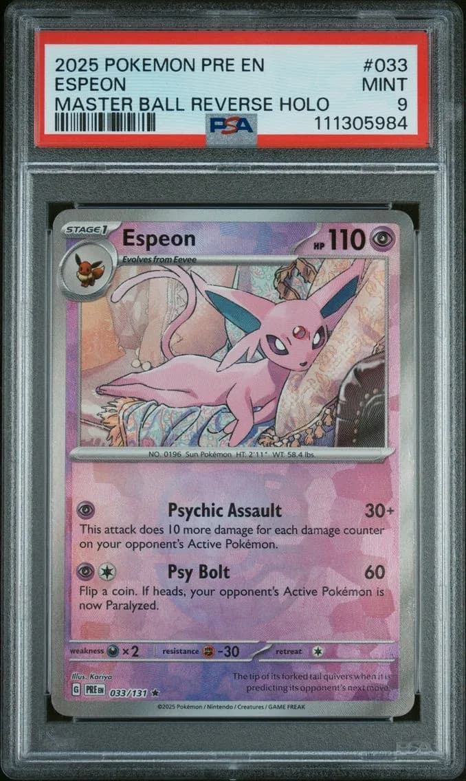 Espeon Master Ball Reverse Holo, Prismatic Evolutions, PSA 9