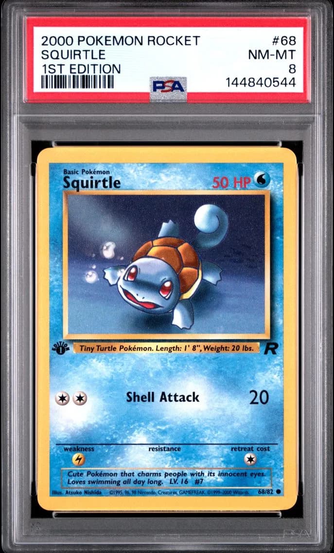 Squirtle 1st Edition, Rocket, PSA 8