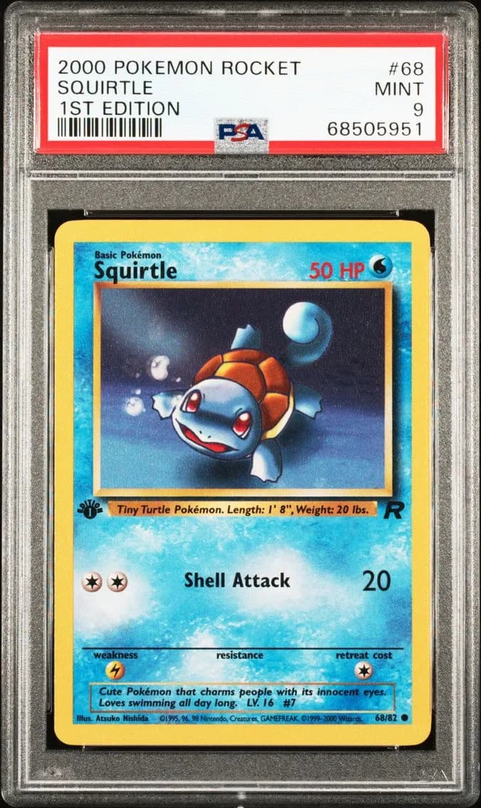 Squirtle 1st Edition, Rocket, PSA 9