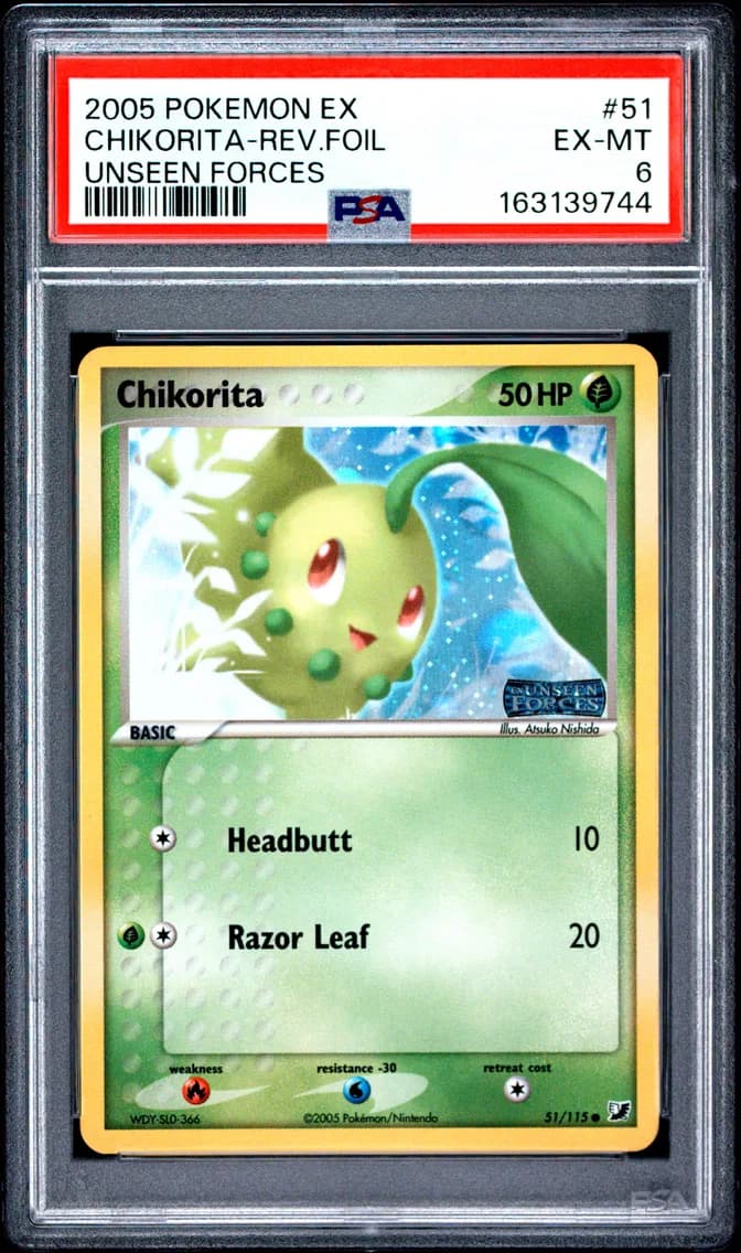 Chikorita-Reverse Foil, EX Unseen Forces, PSA 6