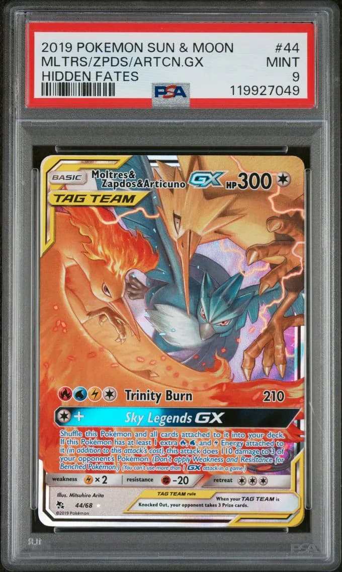 Moltres & Zapdos & Articuno GX, Sun & Moon Hidden Fates, PSA 9
