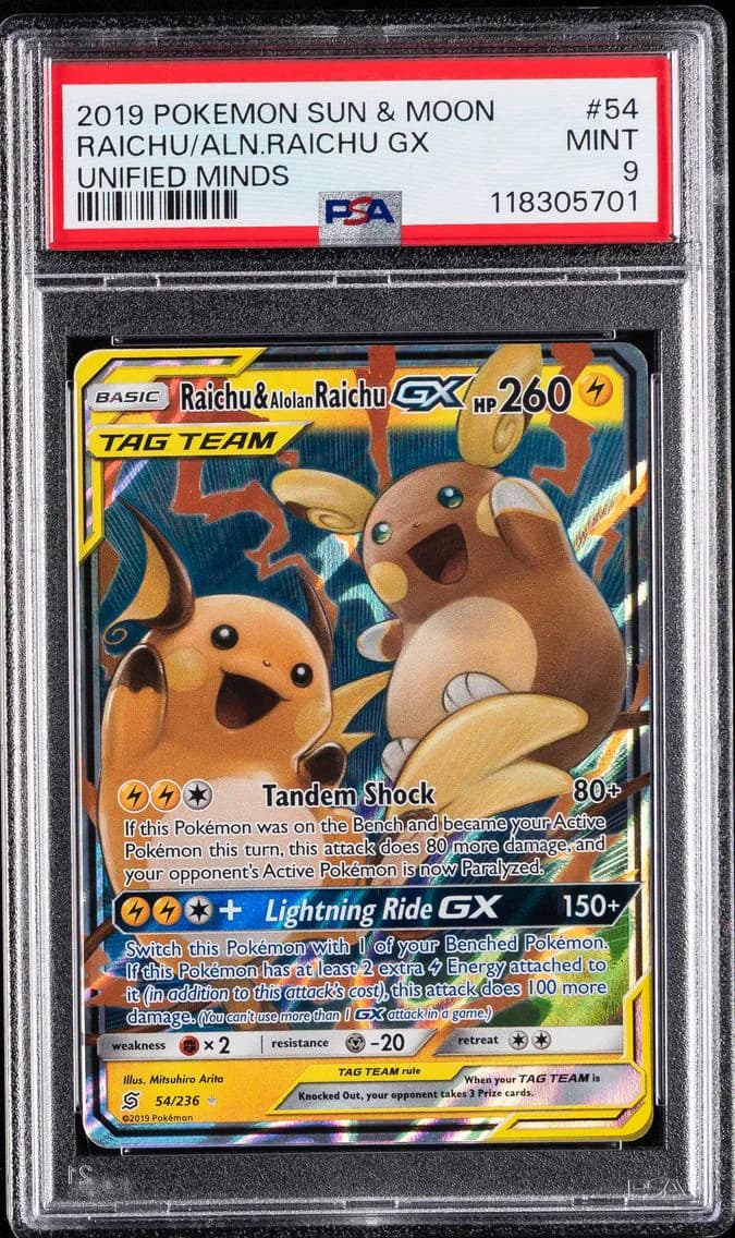 Raichu & Alolan Raichu GX, Sun & Moon Unified Minds, PSA 9