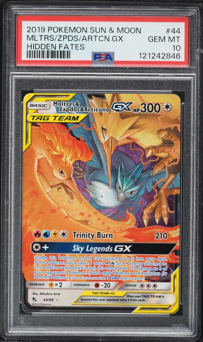 Moltres & Zapdos & Articuno GX, Sun & Moon Hidden Fates, PSA 10
