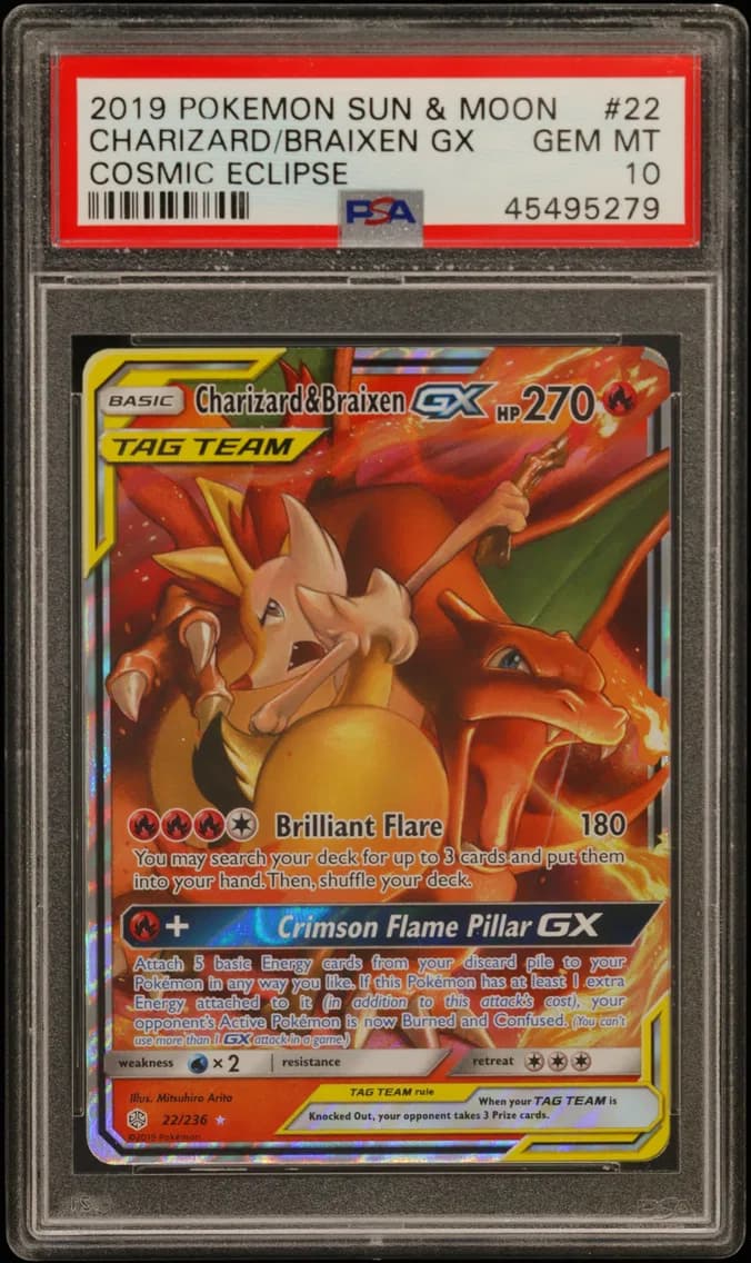 Charizard/Braixen GX, Sun & Moon Cosmic Eclipse, PSA 10