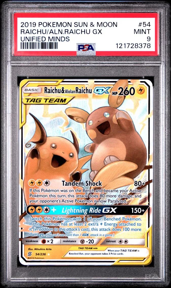 Raichu & Alolan Raichu GX, Sun & Moon Unified Minds, PSA 9
