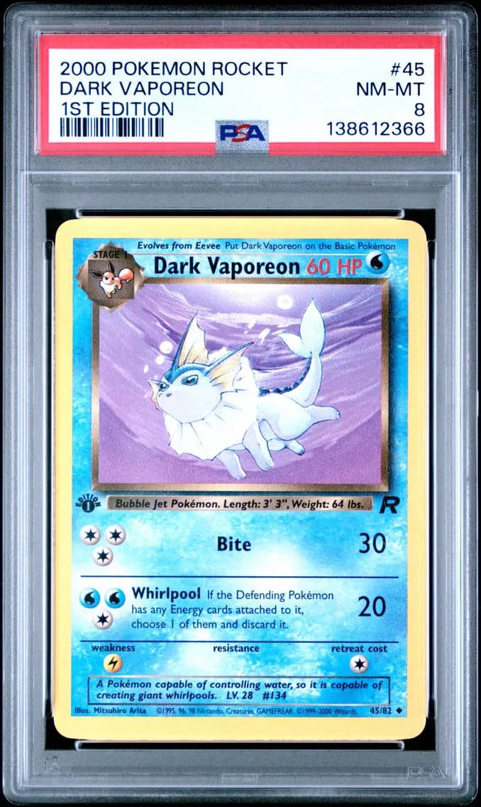 Dark Vaporeon 1st Edition, Rocket, PSA 8