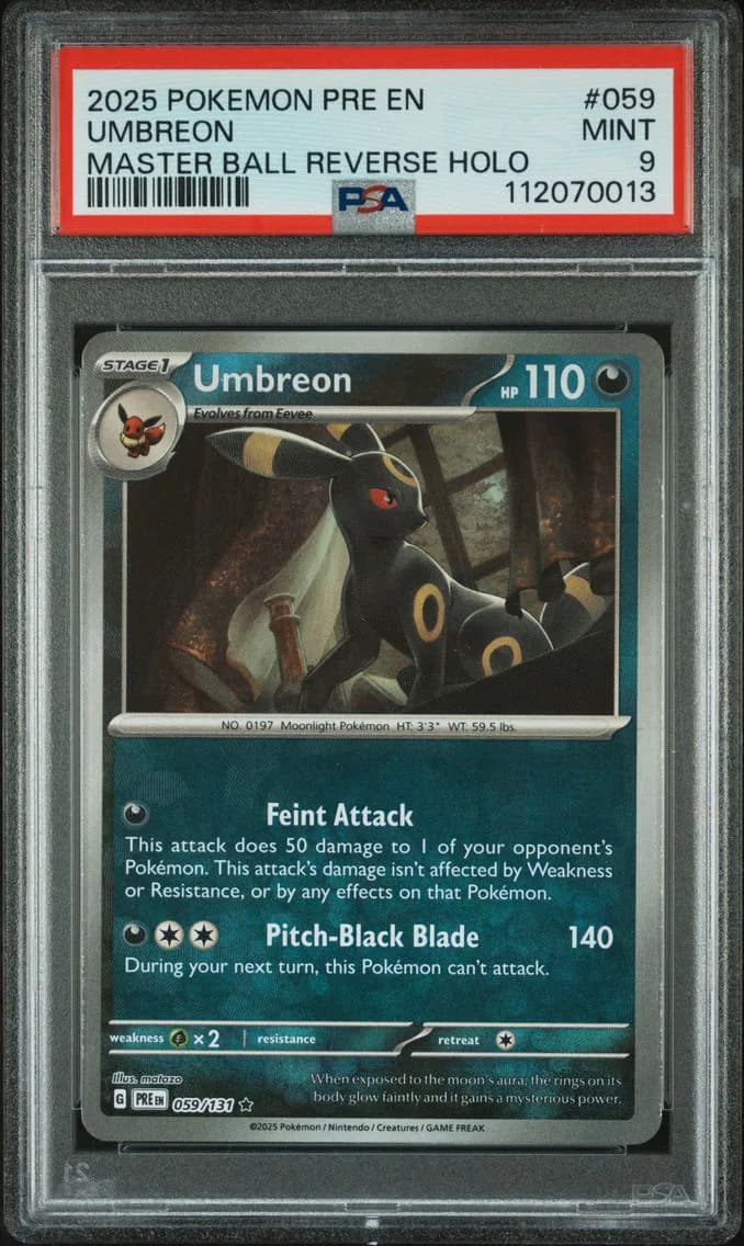 Umbreon Master Ball Reverse Holo, Prismatic Evolutions, PSA 9