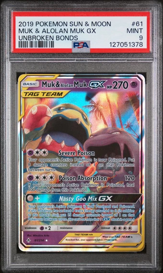 Muk & Alolan Muk GX, Sun & Moon Unbroken Bonds, PSA 9