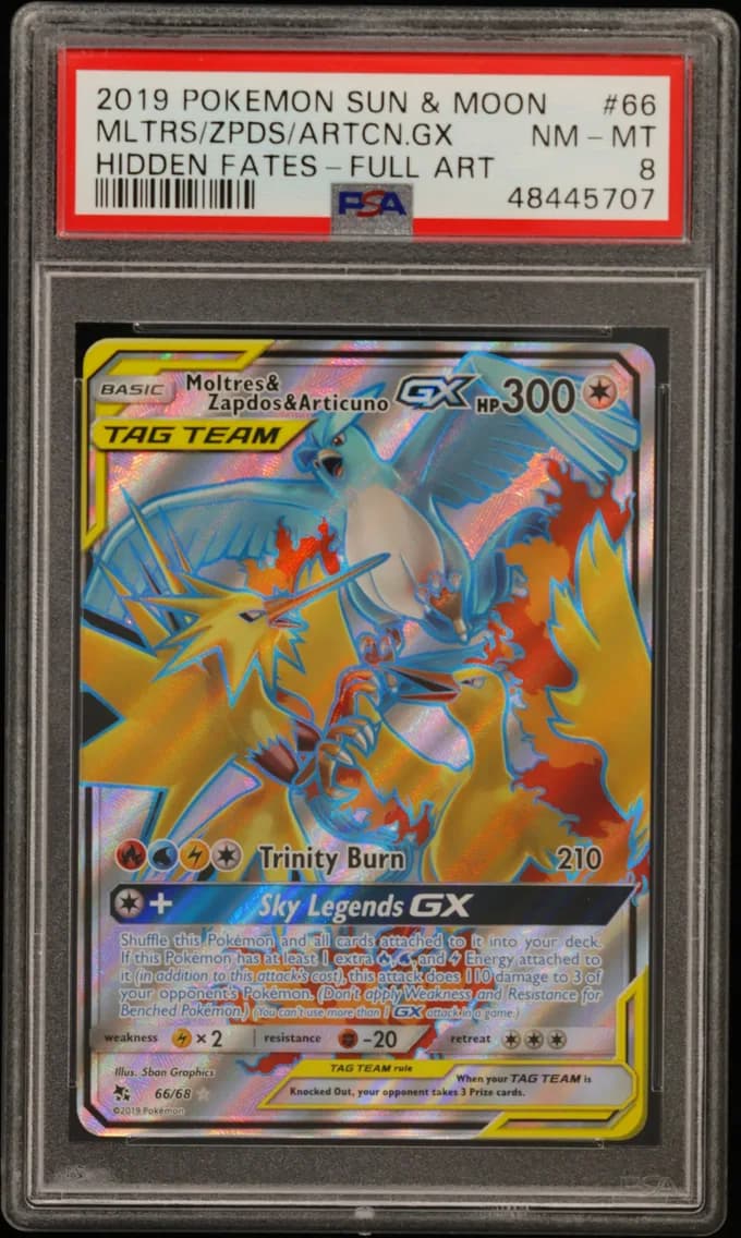 Moltres & Zapdos & Articuno GX, Sun & Moon Hidden Fates, PSA 8