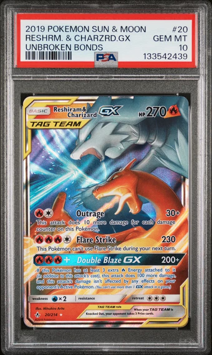 Reshiram & Charizard GX, Sun & Moon Unbroken Bonds, PSA 10
