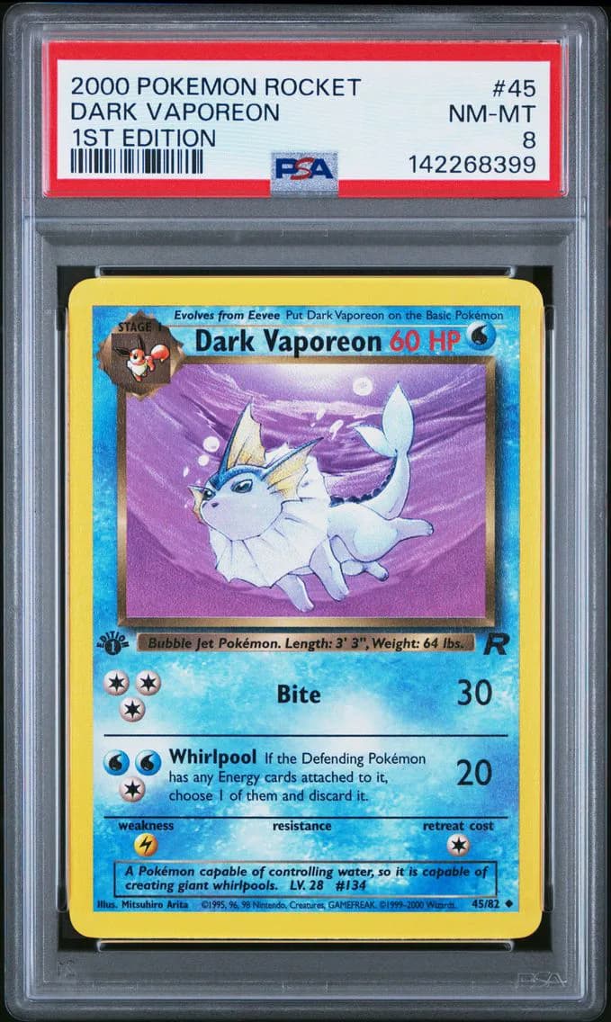 Dark Vaporeon 1st Edition, Rocket, PSA 8