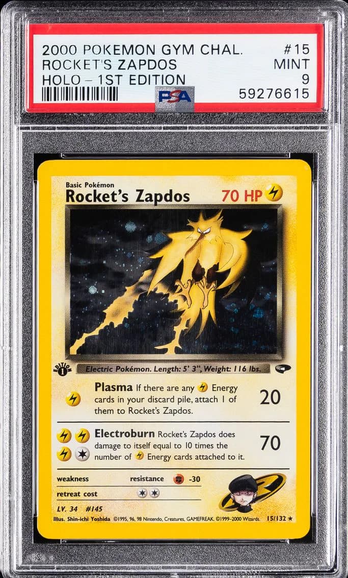Rocket's Zapdos Holo-1st Edition, Gym Challenge, PSA 9
