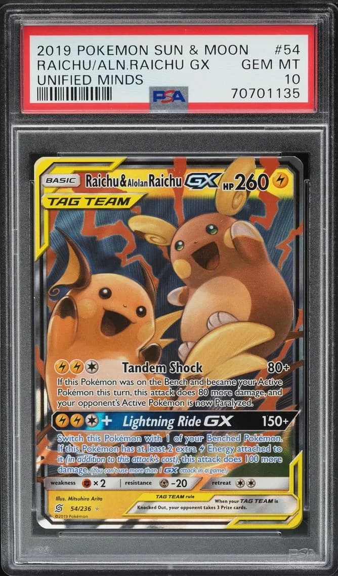 Raichu & Alolan Raichu GX, Sun & Moon Unified Minds, PSA 10