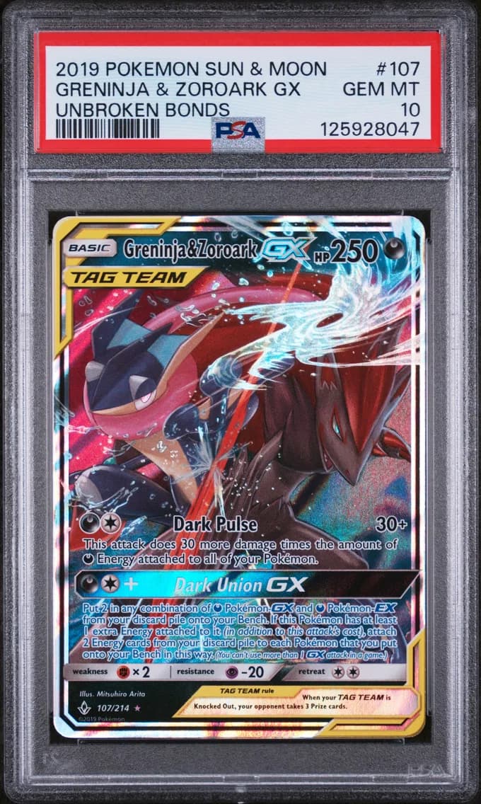 Greninja & Zoroark GX, Sun & Moon Unbroken Bonds, PSA 10