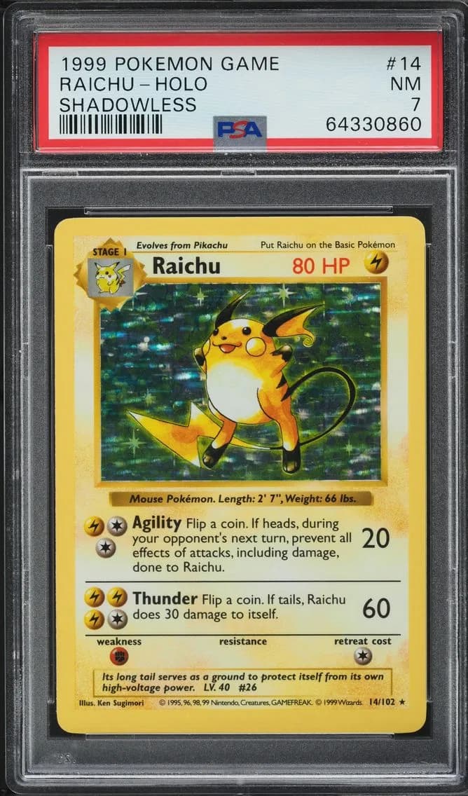 Base Set Shadowless Holo Raichu, Game, PSA 7