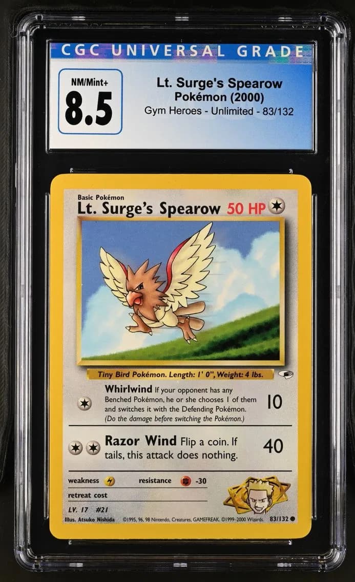 Lt. Surge's Spearow, Gym Heroes - Unlimited, CGC 8.5