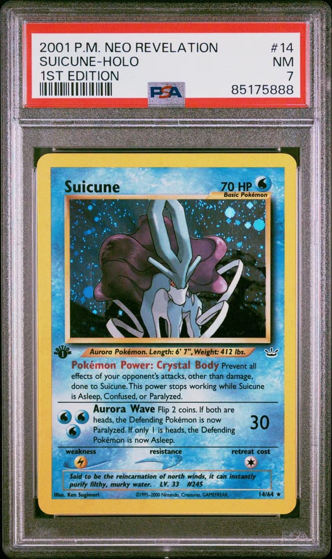 Suicune-Holo 1st Edition, Neo Revelation, PSA 7