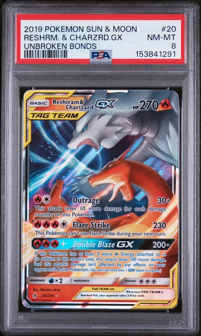 Reshiram & Charizard GX, Sun & Moon Unbroken Bonds, PSA 8