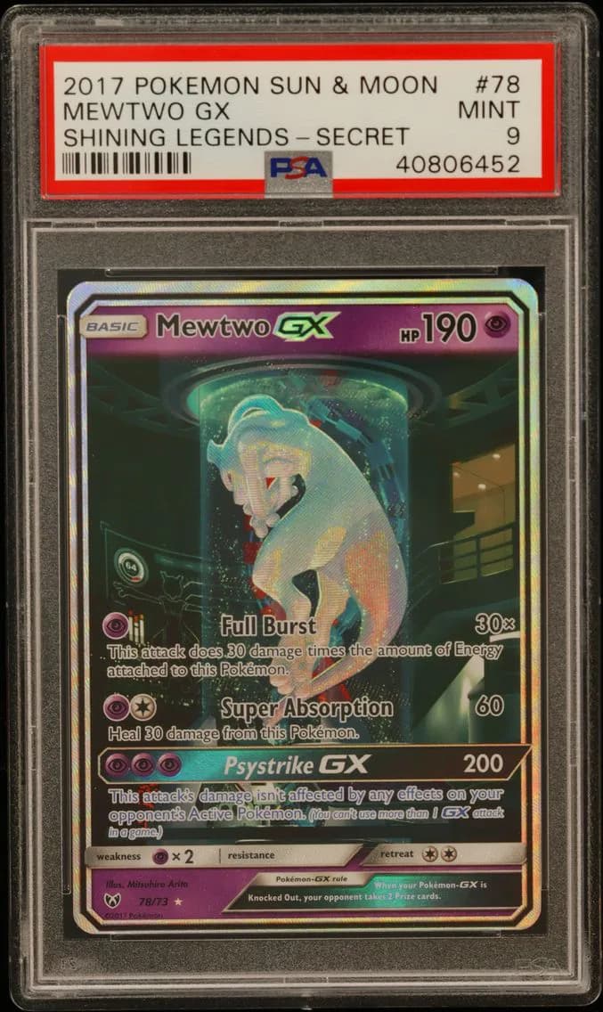 Mewtwo GX, Sun & Moon Shining Legends, PSA 9
