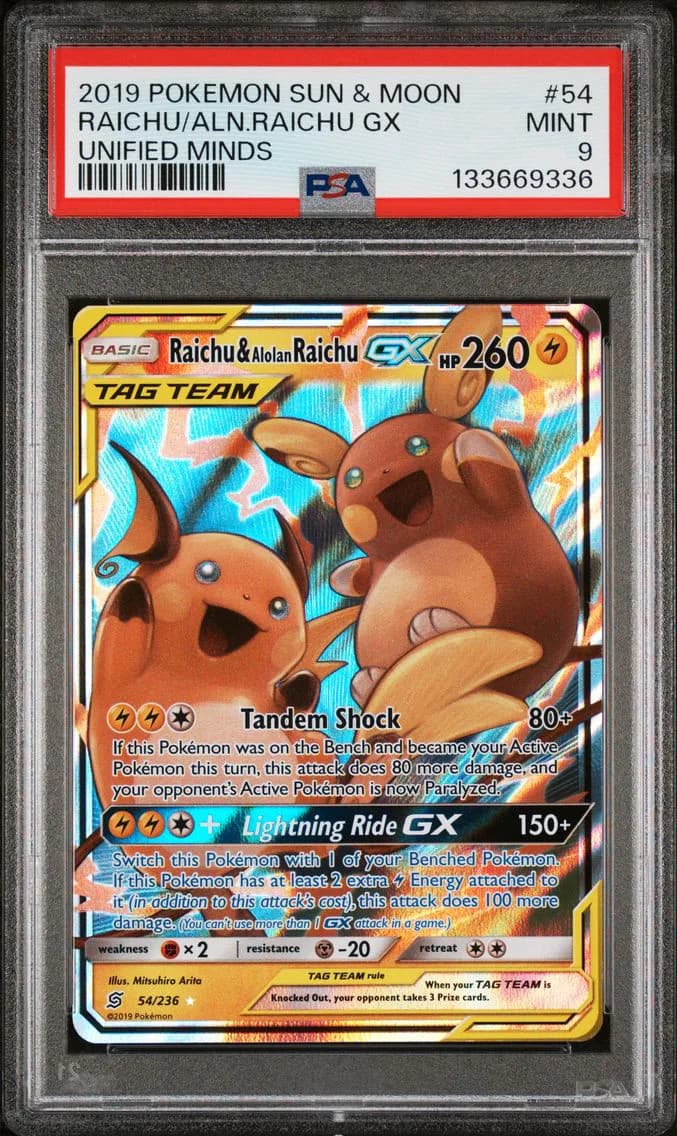 Raichu & Alolan Raichu GX, Sun & Moon Unified Minds, PSA 9