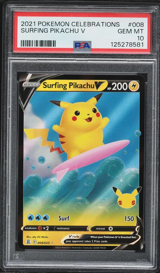 Surfing Pikachu V, Celebrations, PSA 10