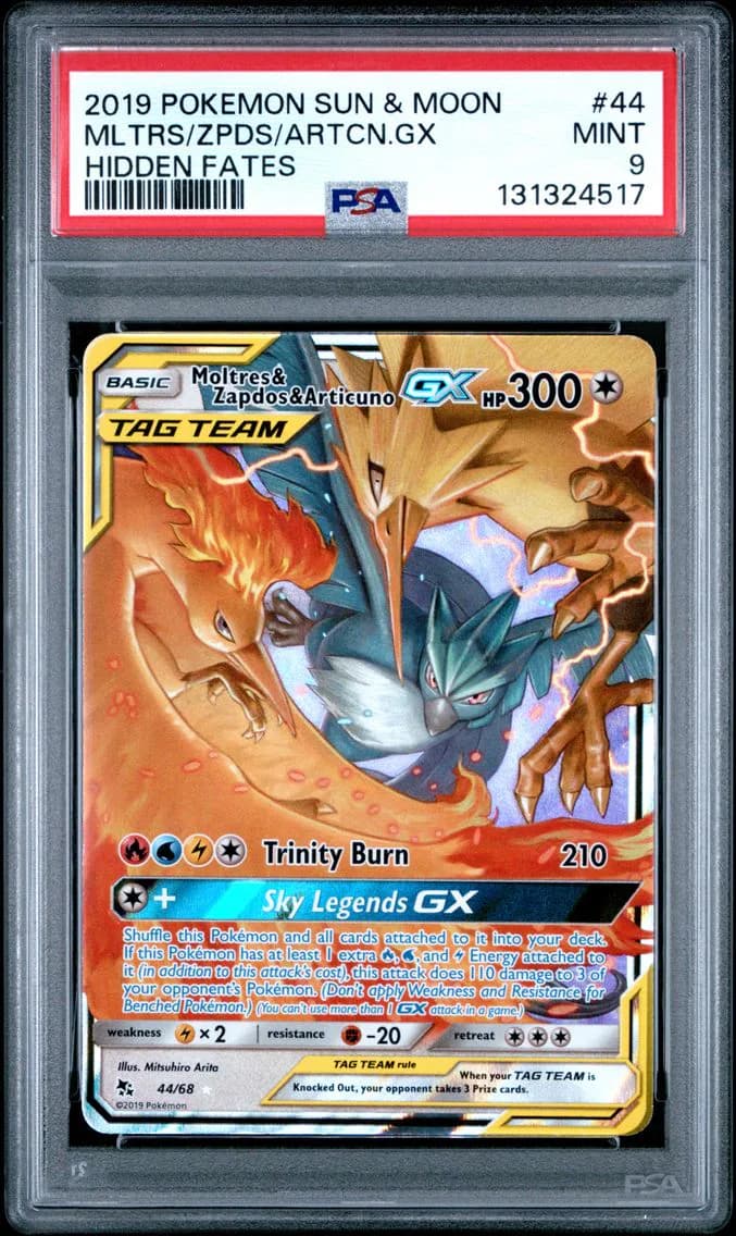 Moltres & Zapdos & Articuno GX, Sun & Moon Hidden Fates, PSA 9