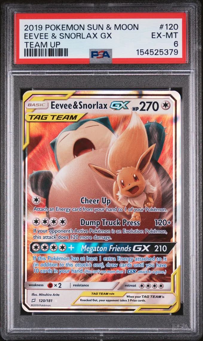 Eevee & Snorlax GX, Sun & Moon Team Up, PSA 6