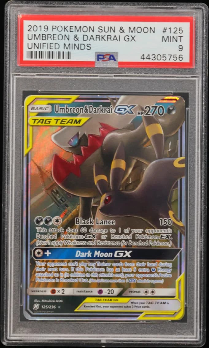 Umbreon & Darkrai GX, Sun & Moon Unified Minds, PSA 9