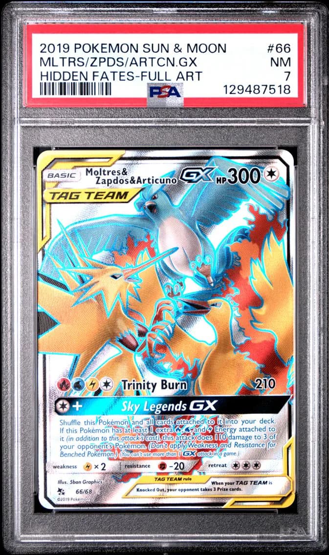 Moltres & Zapdos & Articuno GX, Sun & Moon Hidden Fates, PSA 7