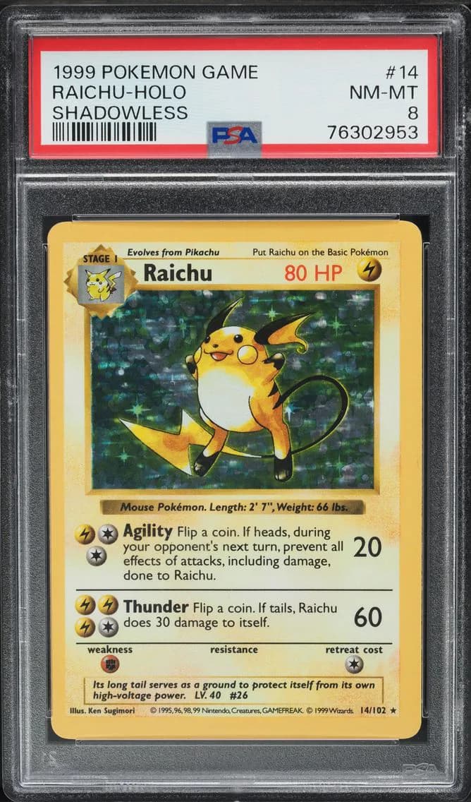 Base Set Shadowless Holo Raichu, Game, PSA 8