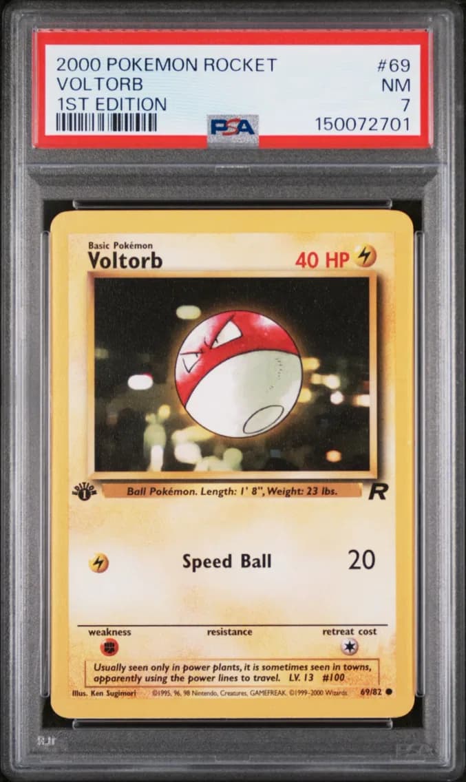 Voltorb 1st Edition, Rocket, PSA 7