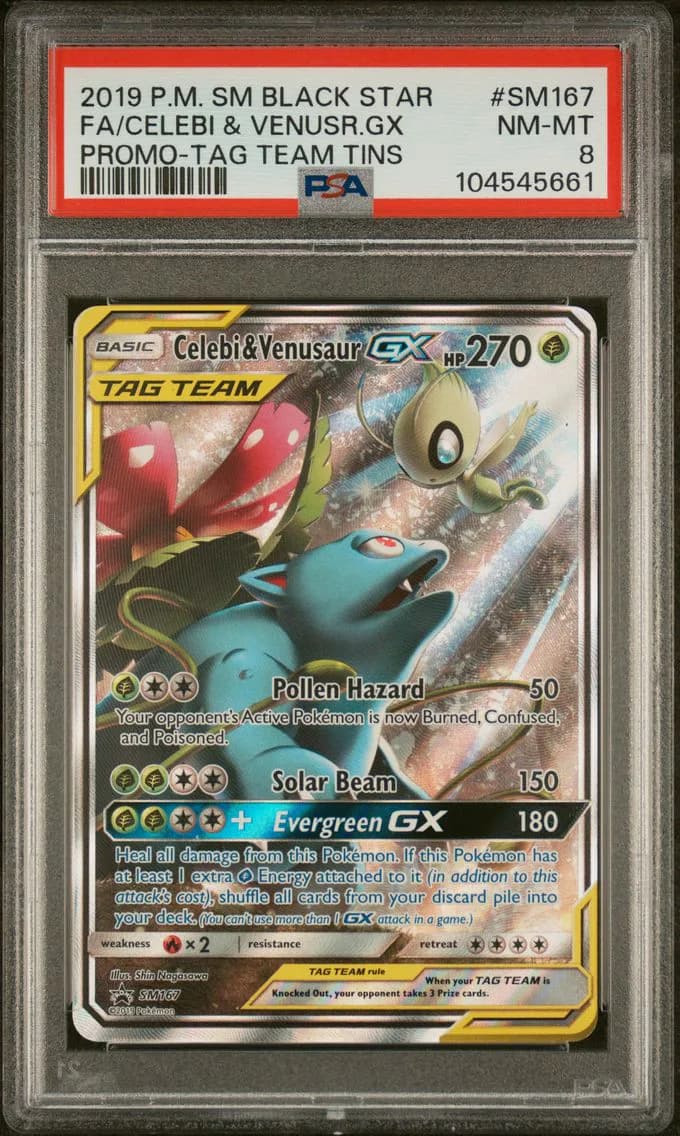 Celebi & Venusaur GX, SM Black Star Promo, PSA 8