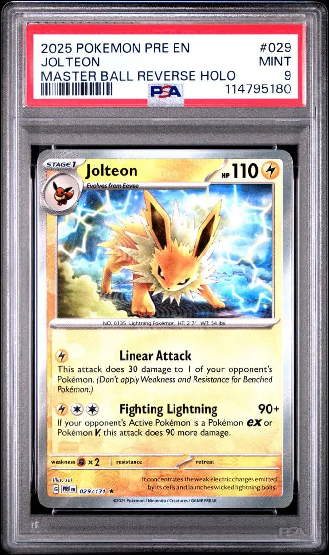 Jolteon Master Ball Reverse Holo, Prismatic Evolutions, PSA 9