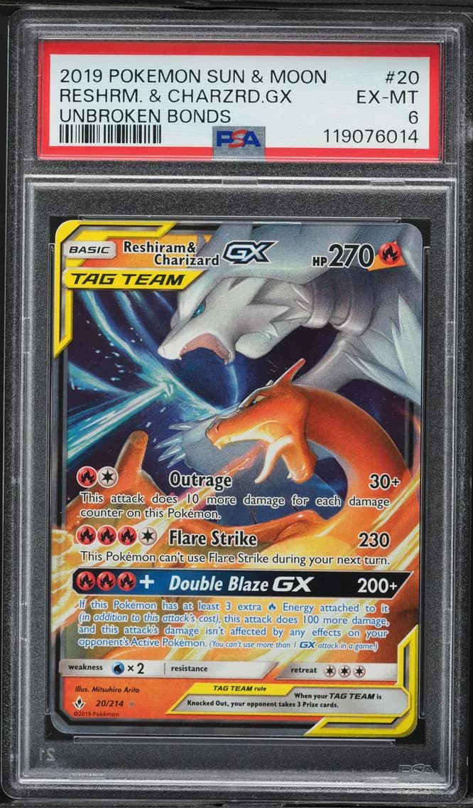 Reshiram & Charizard GX, Sun & Moon Unbroken Bonds, PSA 6