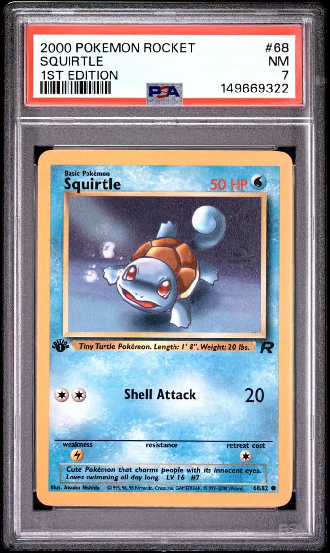 Squirtle 1st Edition, Rocket, PSA 7