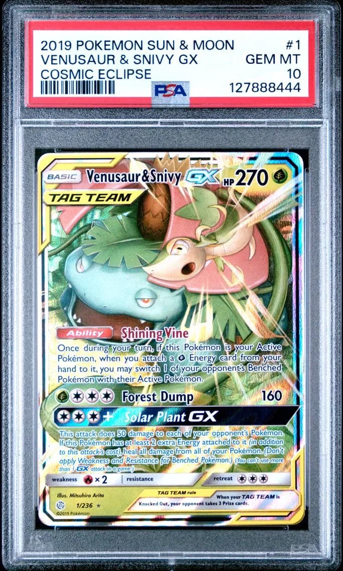 Venusaur & Snivy GX, Sun & Moon Cosmic Eclipse, PSA 10
