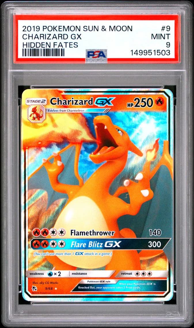 Charizard GX, Sun & Moon Hidden Fates, PSA 9