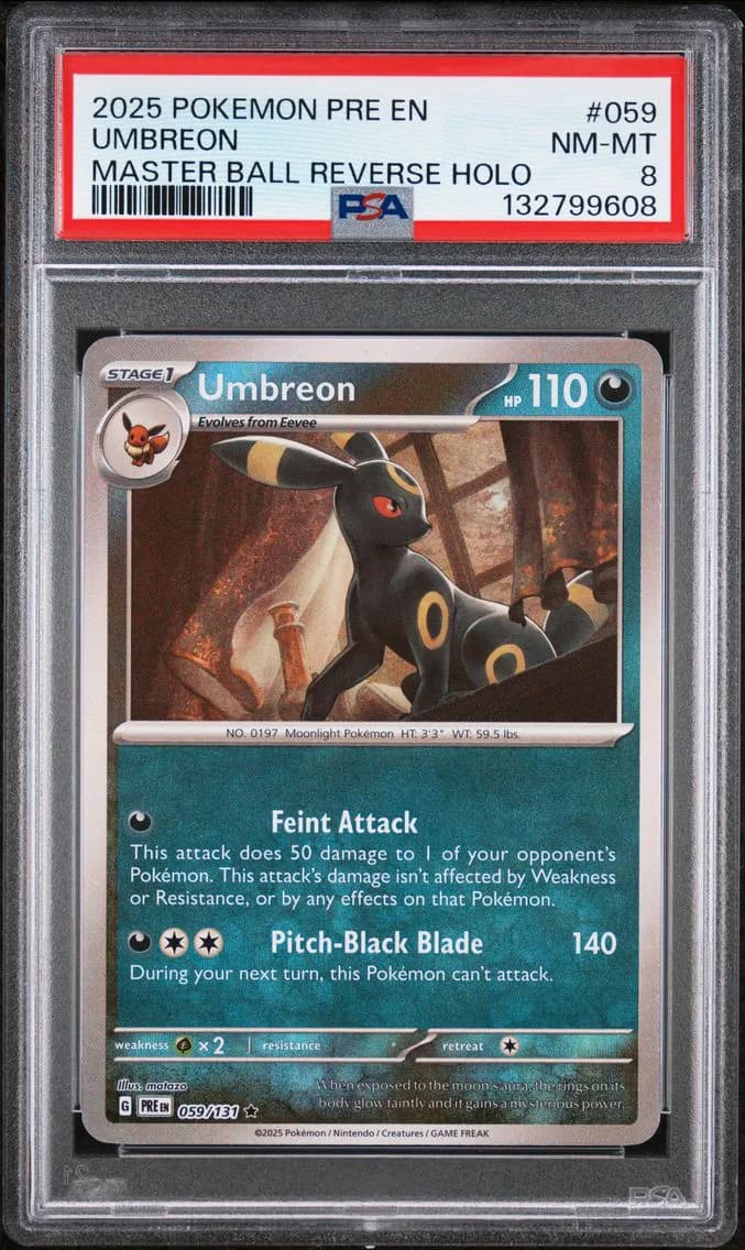 Umbreon Master Ball Reverse Holo, Prismatic Evolutions, PSA 8